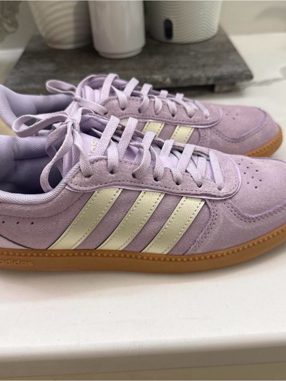 adidas Lavender Suede Sneakers with Cream Stripes and Gum Sole